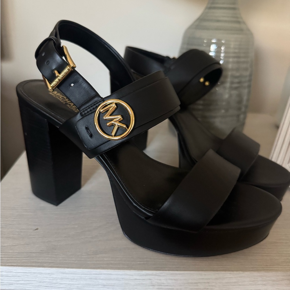 Michael Kors Black Platform Slides with Gold Detail